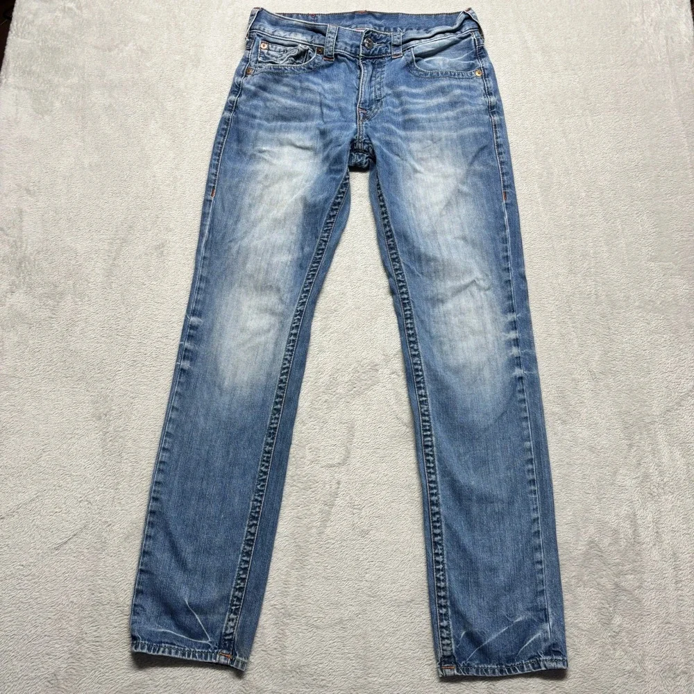 True‎ Religion Slim Fit Blue Denim Jeans Mens 31x33 Flap Pockets Whiskering Fade